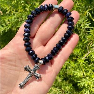 Purple nlack goldstone bracelet 925 SS CROSS CHARM